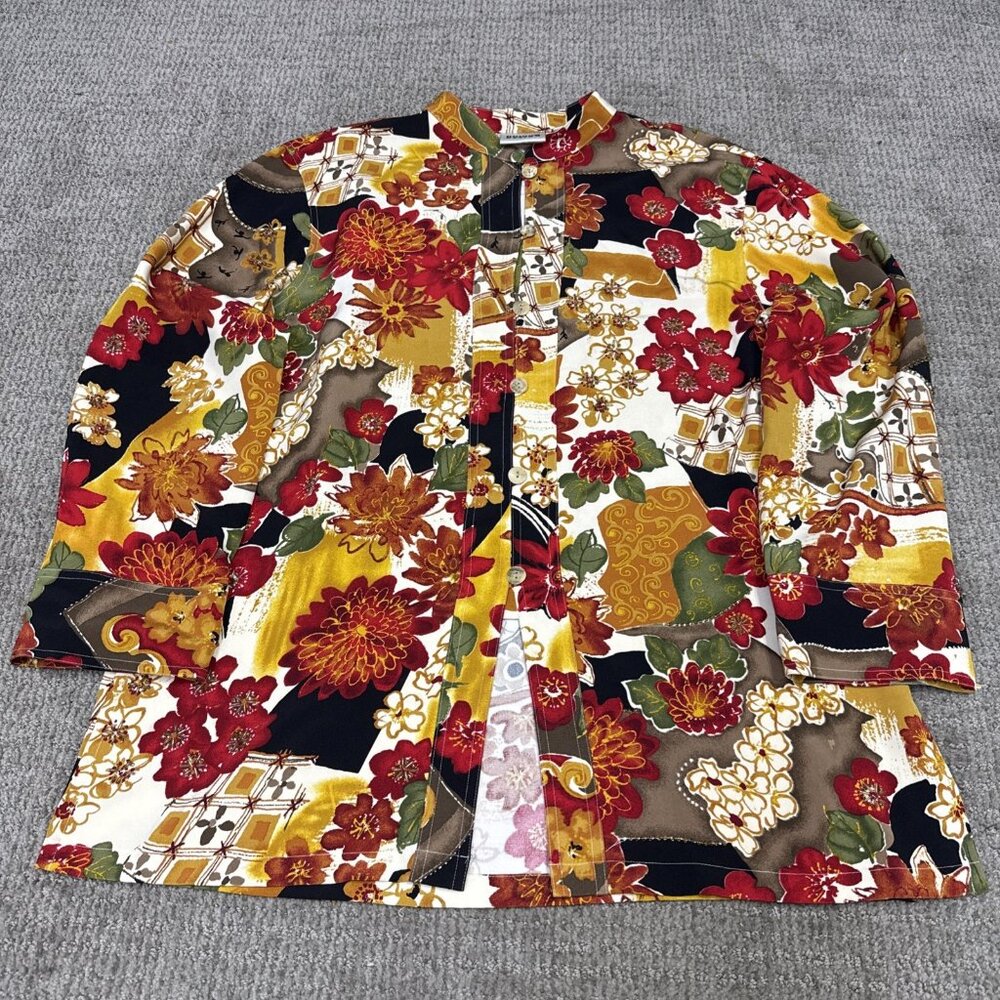 Chicos Design Top Button Up Multicolor Long Sleeve Women’s Size 2 Silk